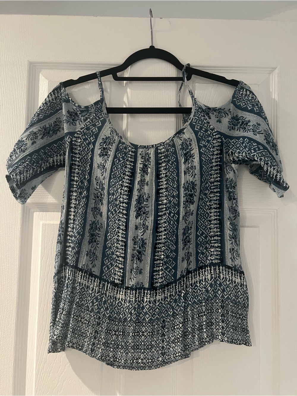 Patrons of Peace Blue Cold-Shoulder Boho Top